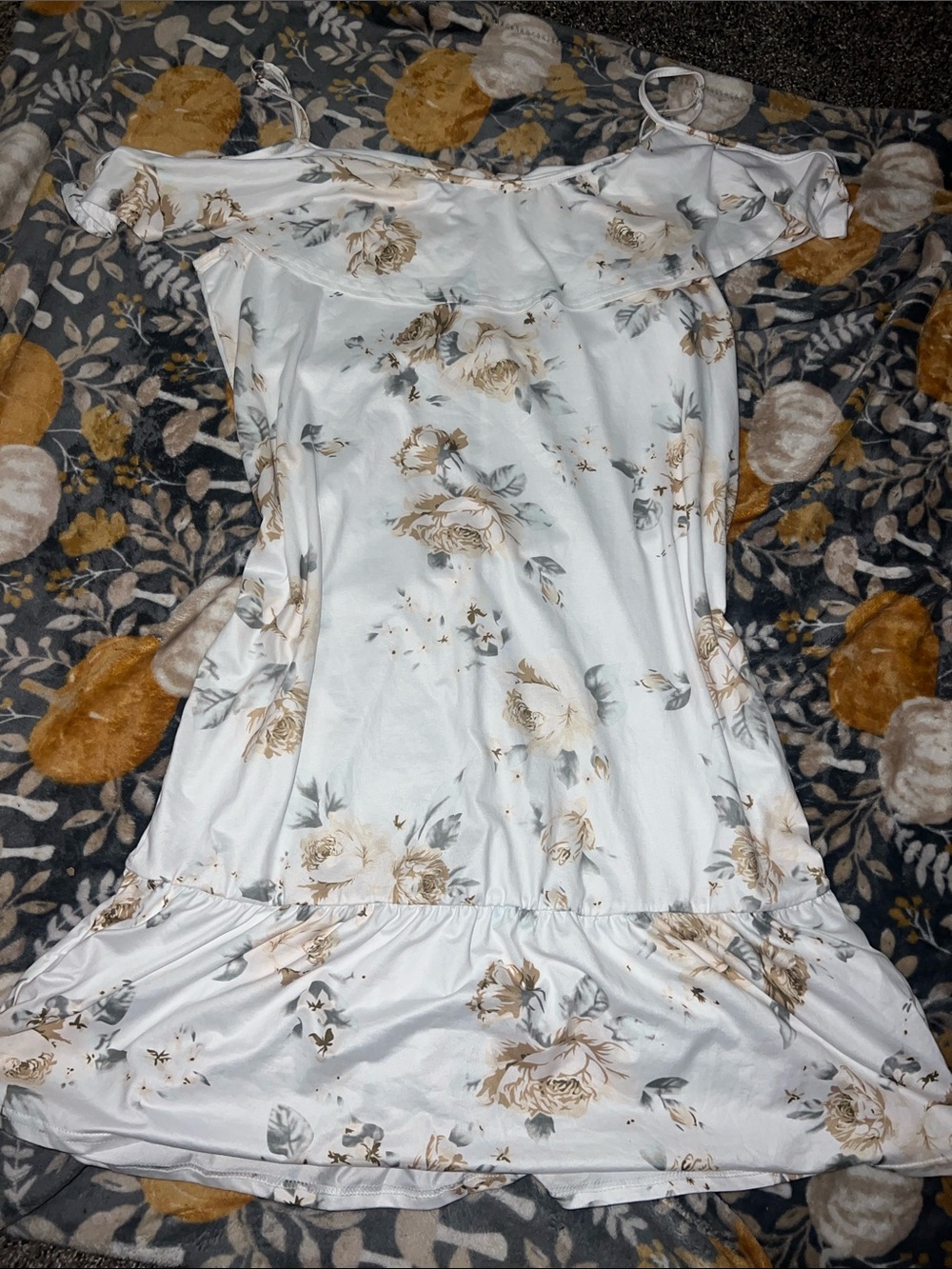 White Floral Midi Dress with Beige and Green Accents